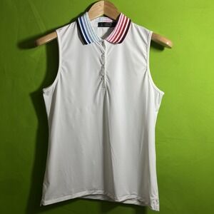 Small GFore Womens Stripe Mix Sleeveless Polo Top Golf Shirt G/Fore white